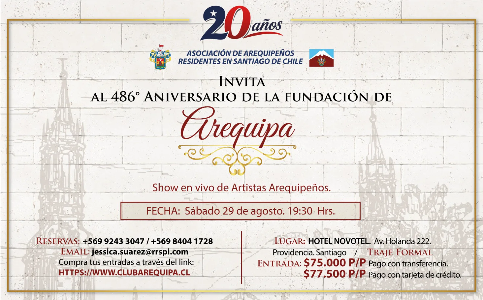 Invitación a la Cena de Gala del 486° Aniversario de la Fundación de Arequipa, sábado 29 de agosto, Hotel Novotel